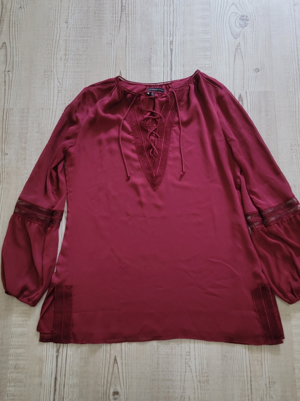 White House Black Market Burgundy Lace-Up Long Sleeve Blouse Medium Peasant